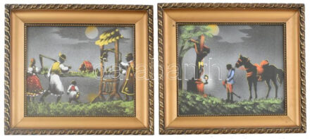 2 db dekoratív, üvegezett, régi, kissé sérült fakeret, pasztellképpel. Belső méret: 21x24,8 cm
