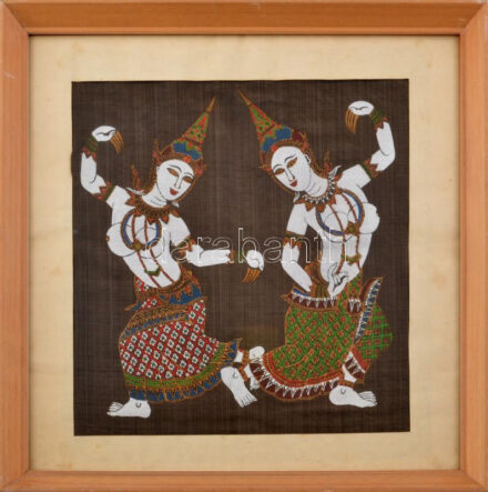 Indonéz festett vászon kép, üvegezett léckeretben, 27,5x27,5cm