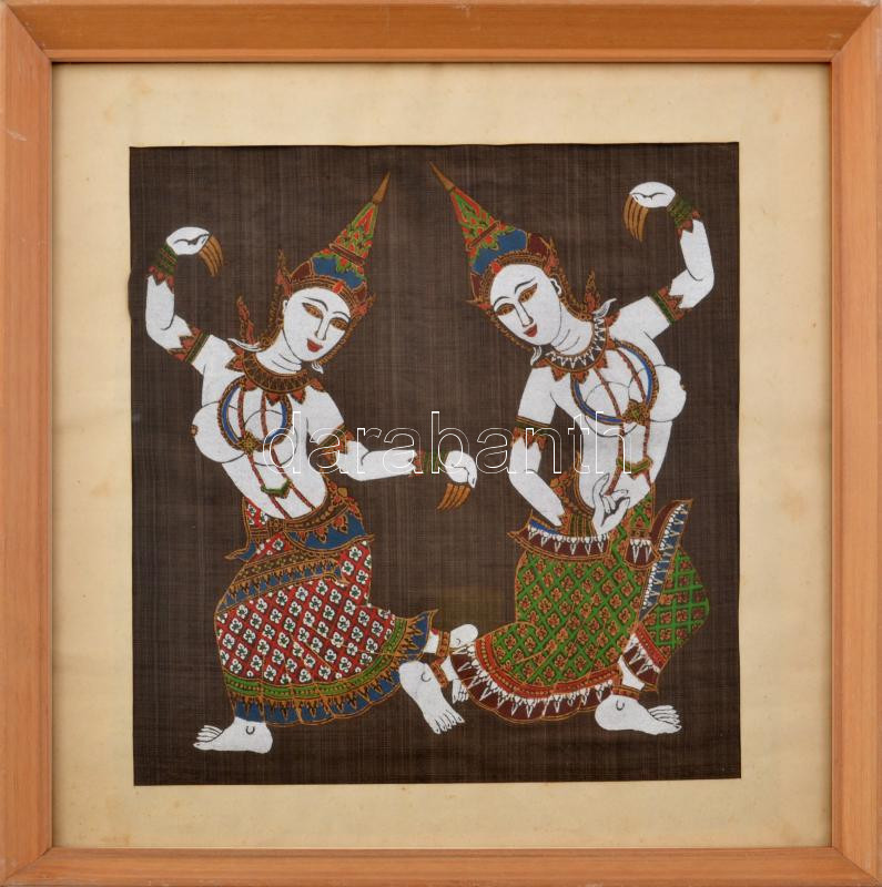 Indonéz festett vászon kép, üvegezett léckeretben, 27,5x27,5cm
