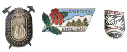 ~1960. 'Spartacus - Természetjárók' zománcozott bronz jelvény + 'Spartacus TE' zománcozott fém természetjáró jelvény + 'Ruházati Spartakus SK' fém természetjáró jelvény (tű letört) T:1--2-
