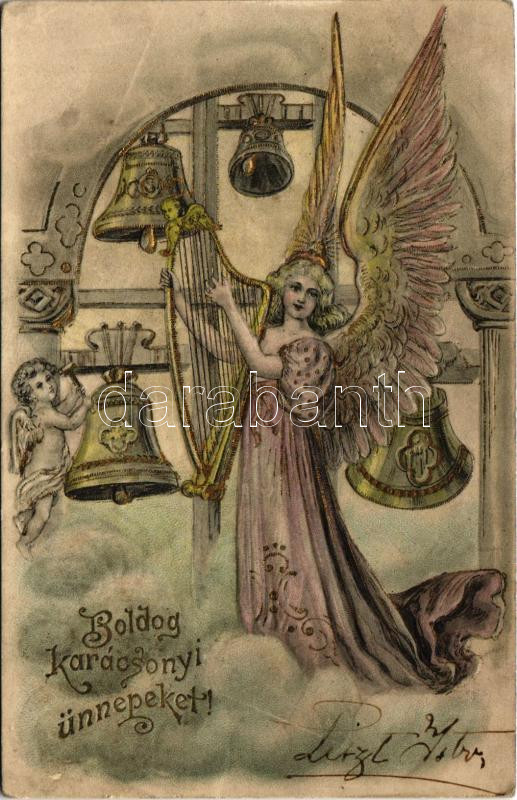 Boldog karácsonyi ünnepeket! Dombornyomott litho angyal / Christmas greeting with angel. Embossed litho
