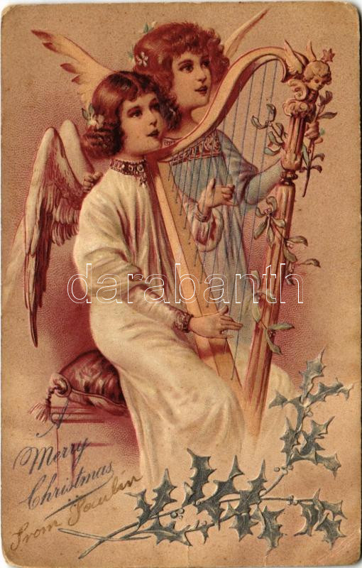 1925 Boldog karácsonyi ünnepeket! Dombornyomott litho angyal / Christmas greeting with angel. Embossed litho (EK)
