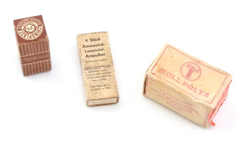 3 db retro egészségügyi termék eredeti csomagolásában, teljes tartalommal (ammonia-levendula ampullák Paul Heinz & Co., Ernstthal, Thüringia, Chinoplast kaucsuk ragtapasz Reanal Finomvegyszergyár és Terla kötszer,