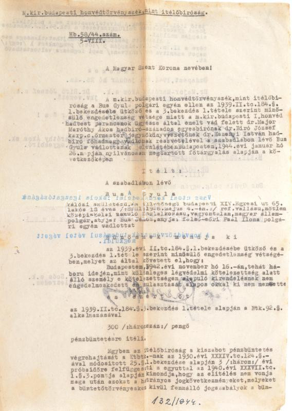 1944 Budapesti honvéd törvényszék ítélete középiskolai tanuló ügyében, aki légvédelmi kötelezettségét sértette meg.