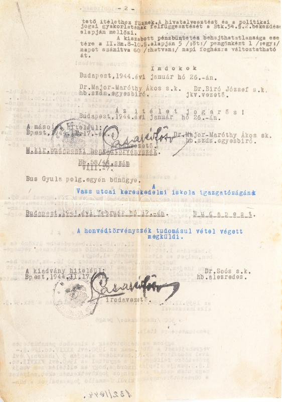 1944 Budapesti honvéd törvényszék ítélete középiskolai tanuló ügyében, aki légvédelmi kötelezettségét sértette meg. - Image 2