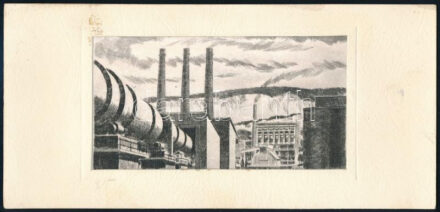cca. 1970 Gönczi Béla: Gyárkémények. Selyem kép, jelzett, paszpartuban. 6,5x12 cm