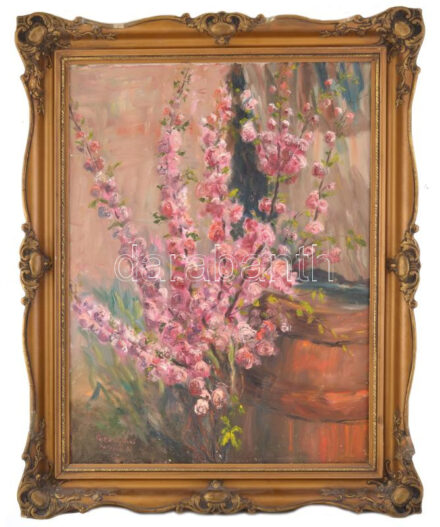 Pattantyúsné Polczer jelzéssel: Virágok. Olaj, vászon. Dekoratív, sérült fakeretben, 80,5×61 cm.