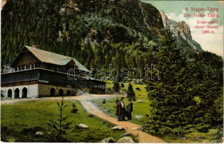 Tátra, Magas Tátra, Vysoké Tatry; Zerge szálló. Divald Károly műintézete 1442-1908. / Hotel Gemse (EK)