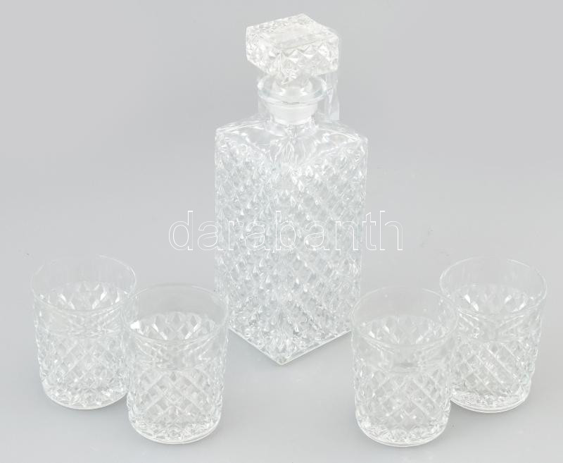 Retró 4 személyes, viszkis készlet, öntött üveg, kopásnyomokkal, m: 9-25 cm