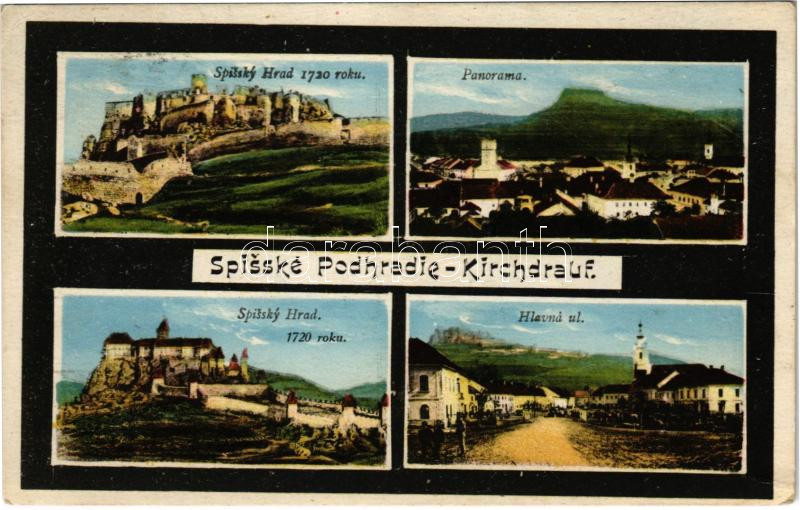 1929 Szepesváralja, Spisské Podhradie; Spissky hrad, Panorama, Hlavná ul. / Szepes vára, látkép, Fő utca, a vár 1720-ban. Emerich Schustek kiadása / castle ruins, general view, main street, the castle in 1720 (EK)