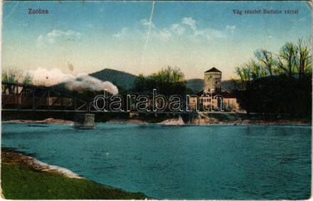 Zsolna, Sillein, Zilina; Vág részlet Budatin várral, gőzmozdony a vasúti hídon. Vasúti levelezőlapárusítás 19. sz. 1916. / Hrad Budatín / Váh river, castle, locomotive on the railway bridge, train (b)