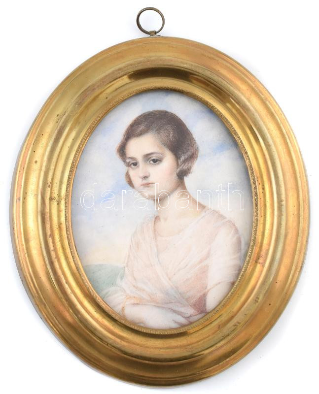 Durcás kislány. Miniatura. Elefántcsontra festett. Üvegezett keretben. 7x5,5 cm