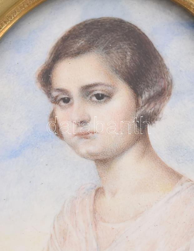 Durcás kislány. Miniatura. Elefántcsontra festett. Üvegezett keretben. 7x5,5 cm - Image 2