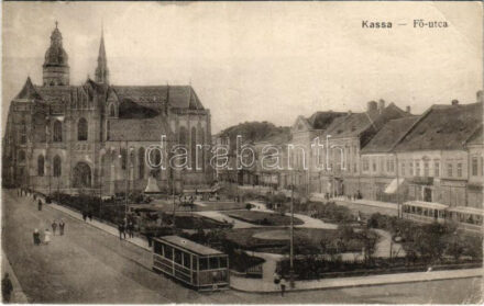 1915 Kassa, Kosice; Fő utca, villamos, székesegyház. Özv. Bodnár Ferencné kiadása / main street, tram, cathedral (EB)