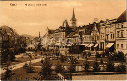 Kassa, Kosice; Fő utca, szőkőkút, Jassik Lajos üzlete, Szigfried Pál cukrászdája, László Béla kiadása / main square, fountain, shop, confectionery