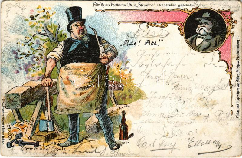 1901 Zimmerling Schulz. Fritz Reuter Postkarten I. Serie 'Stromtid' Lith. u. Druck Kutzner & Berger. Art Nouveau, litho (fa)