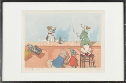Boris O'Klein (1893-1985): 'Je vous offre mon coeur' (Felajánlom neked a szívem!) Karikatúra. Litográfia, papír, jelzett, üvegezett fakeretben. 24x32cm