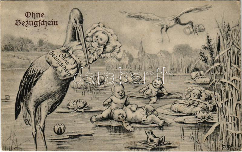 1917 Ohne Bezugsschein / Children art postcard, storks with babies, humour. S.V.D. Nr. 1610. s: Fr. R. (EK)