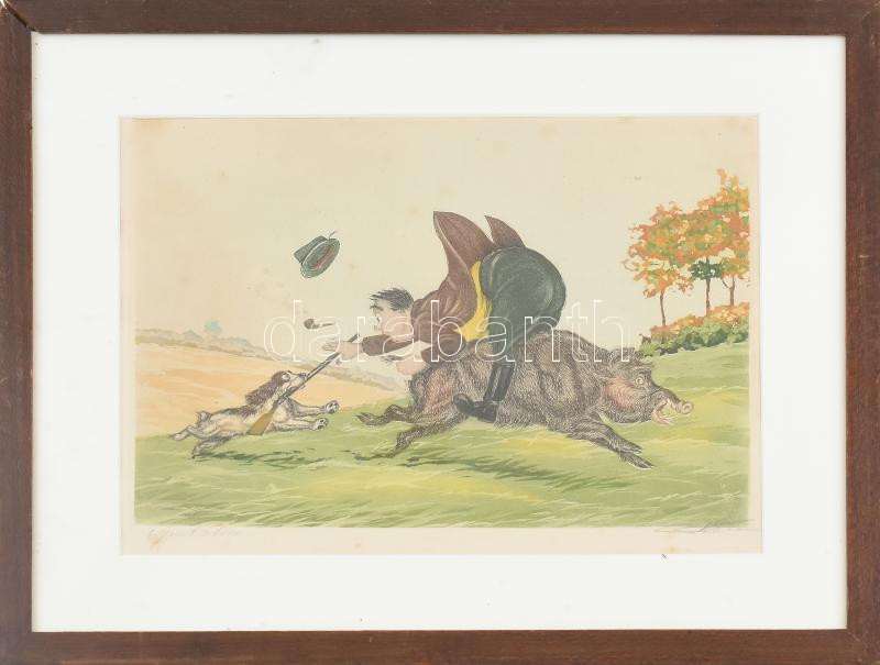 Boris O'Klein (1893-1985): Vadkan és a vadász. Karikatúra. Litográfia, papír, jelzett. Fakeretben. 21x30cm