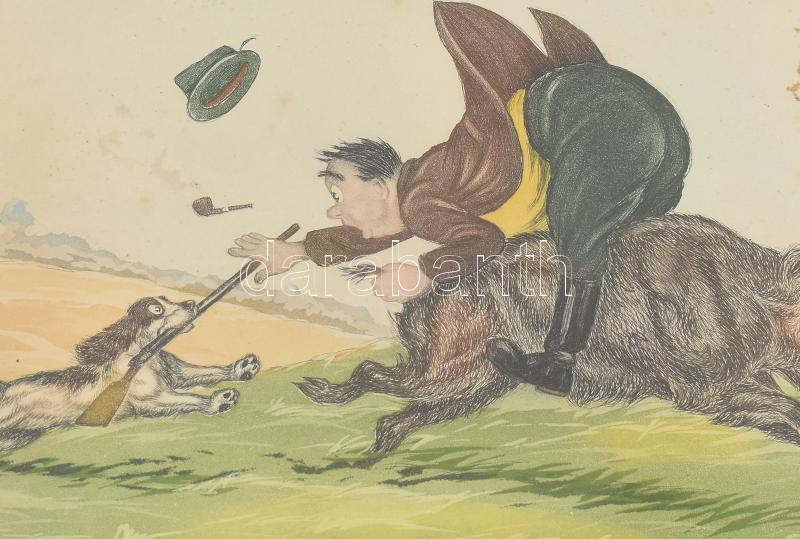 Boris O'Klein (1893-1985): Vadkan és a vadász. Karikatúra. Litográfia, papír, jelzett. Fakeretben. 21x30cm - Image 2