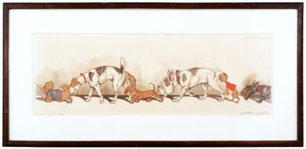 Boris O'Klein (1893-1985): Kutyasor. (Tacskó, Foxi, Buldog, Skót terrier stb.) Karikatúra. Színezett rézkarc, papír, jelzett. Fakeretben. 14x43cm