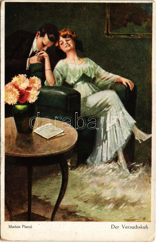 Der Versuchskuß / Lady art postcard, couple in love. Optimus s: Marion Piazzi (kis szakadás / small tear)