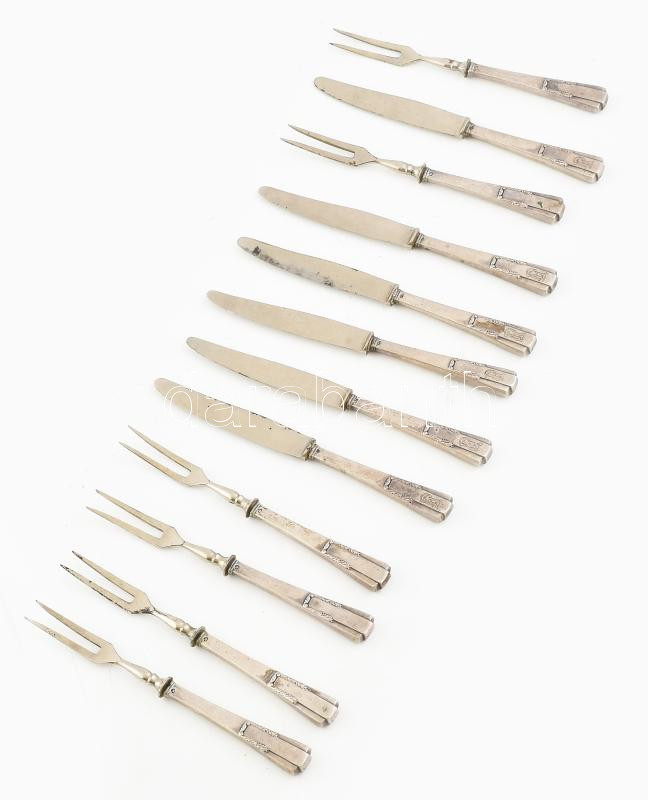 Ezüst (Ag) nyelű gyümölcsös készlet, jelzett, 13-15cm.