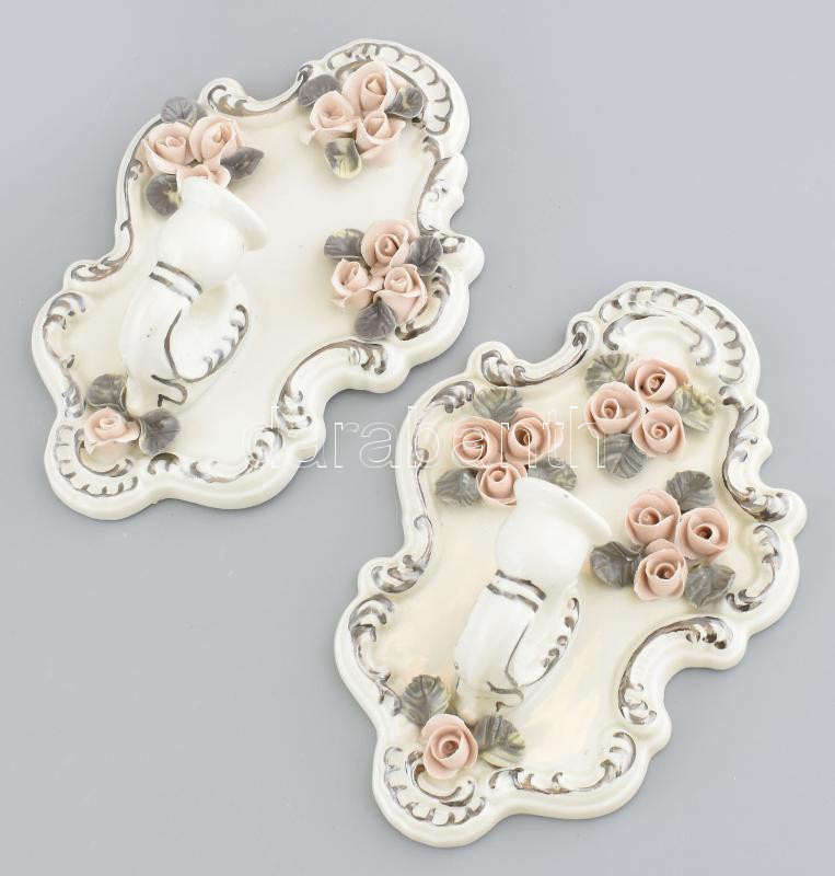 Porcelán fali tükör és gyertyatartó, rózsákon kis lepattanás, jelzés nélkül, d: 35cm, h: 19 cm - Image 3