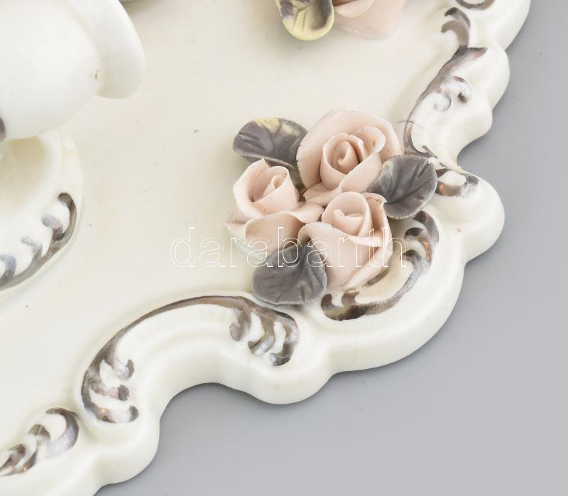 Porcelán fali tükör és gyertyatartó, rózsákon kis lepattanás, jelzés nélkül, d: 35cm, h: 19 cm - Image 4