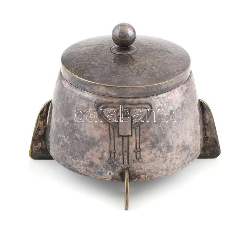 Jugendstil, szecessziós, cukordoboz, ezüstözött alpakka, jelzés nélkül, kopásnyomokkal, d: 14 cm