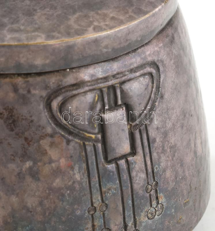 Jugendstil, szecessziós, cukordoboz, ezüstözött alpakka, jelzés nélkül, kopásnyomokkal, d: 14 cm - Image 3