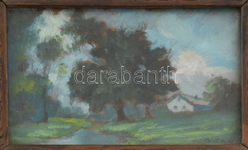 Olvashatatlan jelzéssel: Tóparti ház. Olaj karton, díszes sérült keretben. 10x17 cm - Image 2