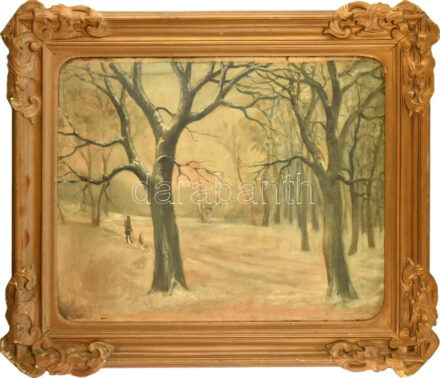 Horváth J. jelzéssel: Vadász kutyájával a havas erdőben. Olaj, vászon, sérült, jelezve balra lent: Horváth J. 55x68cm