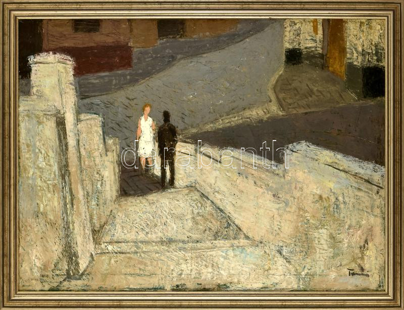 Tamás Ervin (1922-1996): Találkozás. Olaj, vászon, Keretben. Kis restaurálással. 60x80 cm