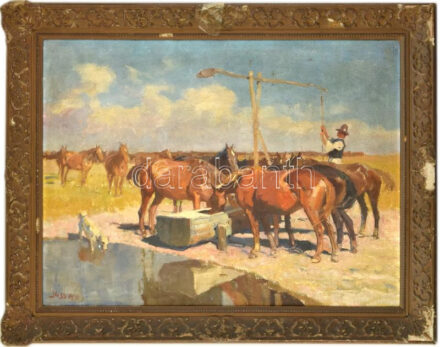 Juszkó Béla (1877-1969): Lóitatás gémeskútnál. Olaj, vászon, jelzett, sérült keretben. 60x80 cm