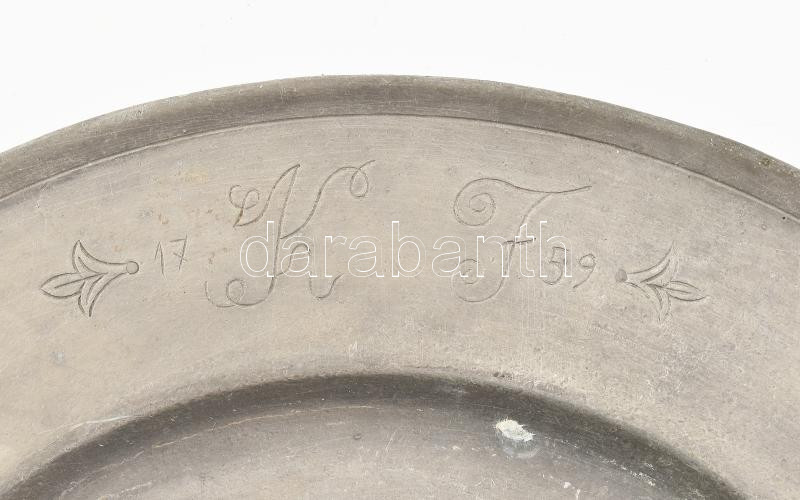 Antik ón tál, Vésett: (1759 KF) jelzett, korának megfelelő állapotban, d: 32,5 cm - Image 2