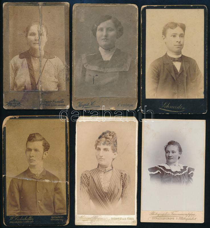 cca 1880-1910 össz. 10 db vizitkártya méretű portré, egy kivételével mind klf. magyarország műteremből: B. Paul Temesvar, Keglovich E. Szeged, Sáray Albert Kunszentmárton, Kurzweil Frigyes Bp. és Balatonfüred, Frida Bp., stb. részben