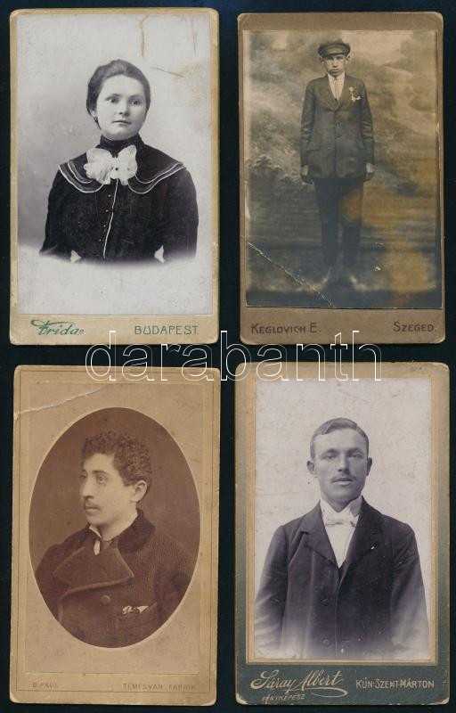cca 1880-1910 össz. 10 db vizitkártya méretű portré, egy kivételével mind klf. magyarország műteremből: B. Paul Temesvar, Keglovich E. Szeged, Sáray Albert Kunszentmárton, Kurzweil Frigyes Bp. és Balatonfüred, Frida Bp., stb. részben - Image 2