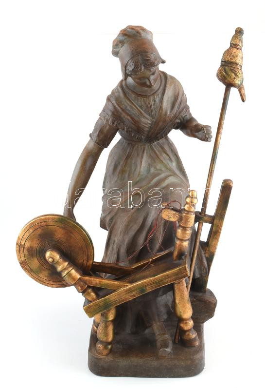 Richard Aurili (1834-1914): Rokkázó nő. Jelzett, Festett terrakotta. Hibátlan. m: 57 cm