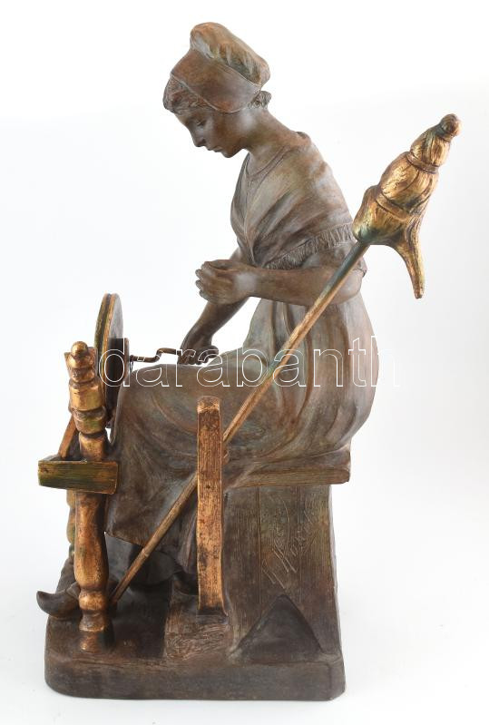 Richard Aurili (1834-1914): Rokkázó nő. Jelzett, Festett terrakotta. Hibátlan. m: 57 cm - Image 4