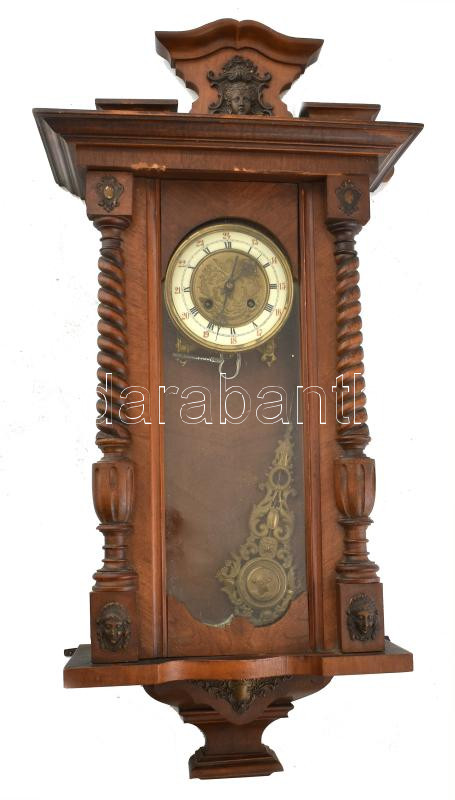 Antik fali óra, félütős szerkezettel, tokján kis hiányokkal, működik, kulccsal, h: 90 cm