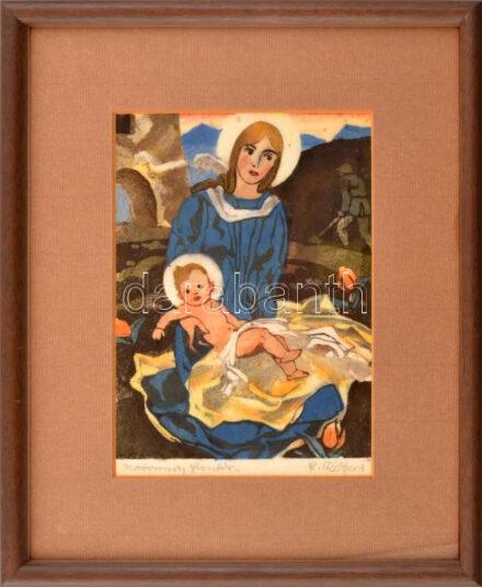 Franz Köberl: Madonna. Vegyes technika, papír, üvegezett keretben, 23x16 cm