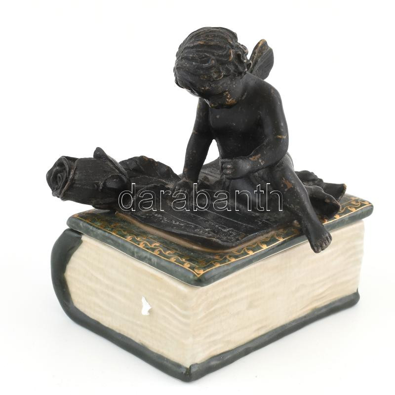 Tündéres bonbonier, porcelán, tetején bronz figura, jelzett, antikolt, m: 16 cm - Image 2