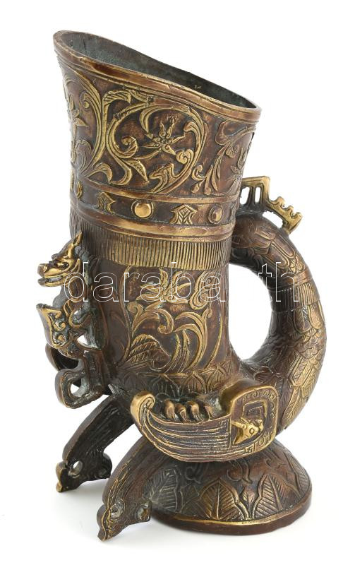 Olvashatatlan kínai jelzéssel: Madaras bőség szaru, bronz, XX. sz első fele, kis kopásokkal, m: 16,5 cm - Image 2