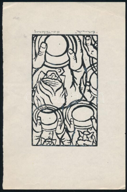 Tokay János (1919-2000 k.): Éhesek. Fametszet, papír, jelzett, 12,5x7,5 cm
