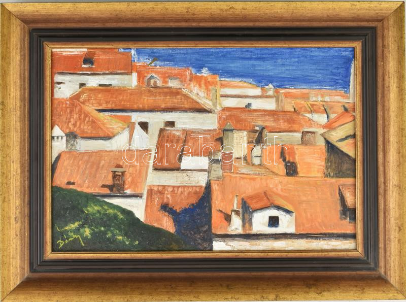 Bánky Ottó (?-): Tetőző napsütés. Olaj, farost, jelzett. Hátoldalán címkén feliratozott. Dekoratív fakeretben. 28x40 cm