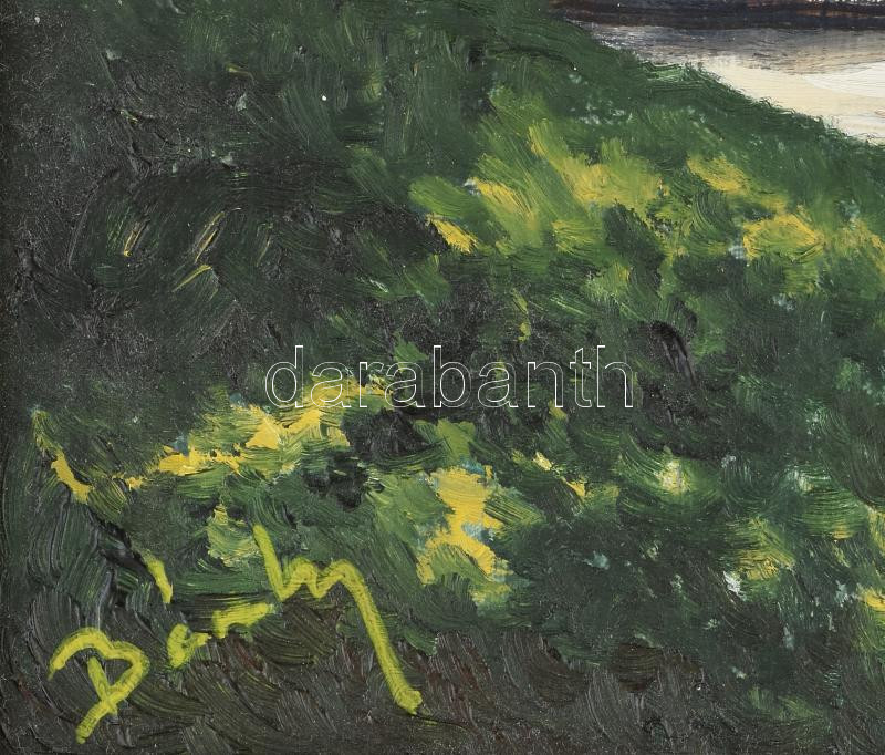 Bánky Ottó (?-): Tetőző napsütés. Olaj, farost, jelzett. Hátoldalán címkén feliratozott. Dekoratív fakeretben. 28x40 cm - Image 2