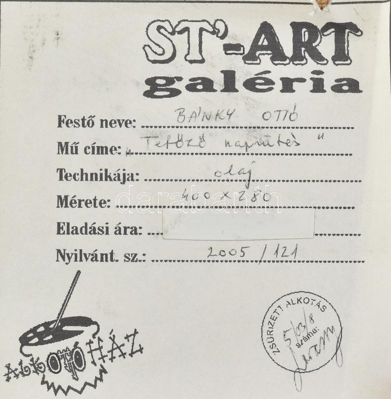 Bánky Ottó (?-): Tetőző napsütés. Olaj, farost, jelzett. Hátoldalán címkén feliratozott. Dekoratív fakeretben. 28x40 cm - Image 3