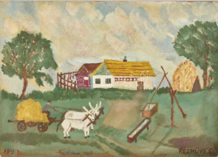 Rézműves Gyula (1943-), naiv roma festő: Hortobágy. Olaj, farost. Jelzett. Hátoldalán címkén feliratozott. 50x70 cm