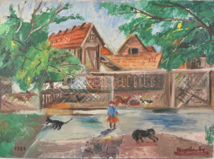 Rézműves Gyula (1943-), naiv roma festő: Tanya (vidéki udvar), 1984. Olaj, farost. Jelzett. Hátoldalán címkén feliratozott. Kissé vetemedett. 50x70 cm